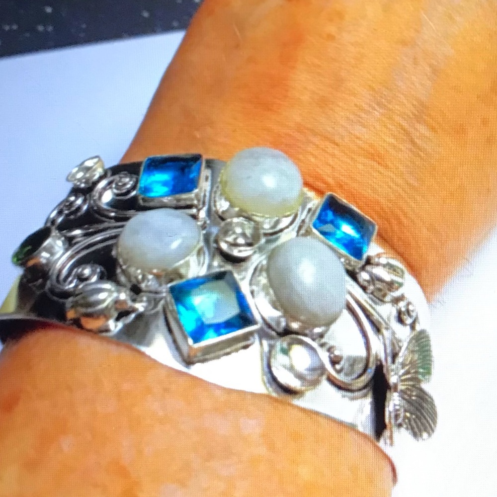 Moonstone Blue Topaz Stamped 925 Sterling Silver Cuff Bracelet